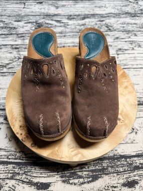 Clarks Brown Suede Mules with Teal Insole